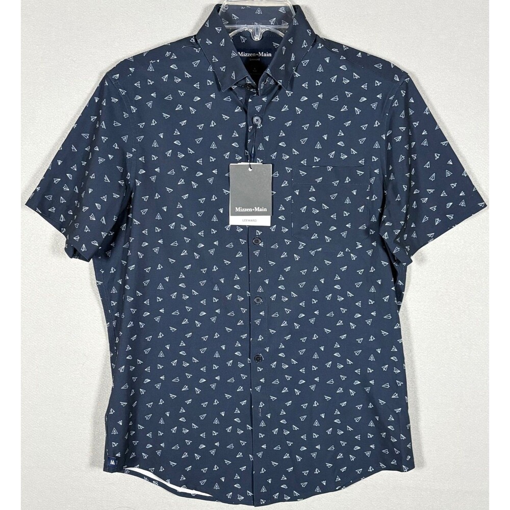 NWT Mizzen Main Leeward Shirt Mens S Blue Airplane AOP Performance Trim Fit